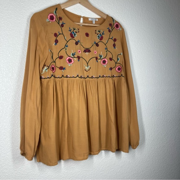 JODFL Boho Floral Embroidered Rayon Top Small Long Sleeves Tan Flowy - Picture 4 of 15